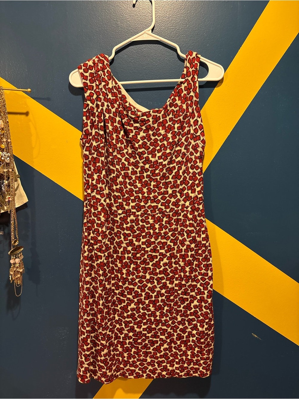 MNG by Mango Off White & Red Printed Asymmetrical Straps Mini Dress EUC